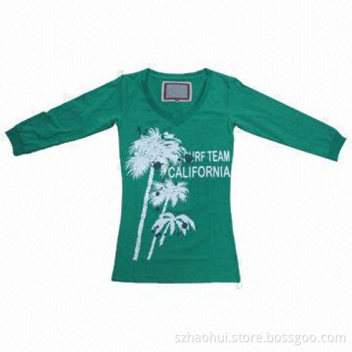 100% Cotton Women's Printed Long Sleeve T-shirt, V-neck Style